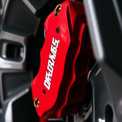 Close-up of a vibrant red big brake kit caliper and drilled rotor peeking from behind a multi-spoke alloy wheel.