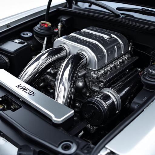 Immaculate engine bay with a polished aftermarket intake manifold, showcasing meticulous detailing and performance upgrades.