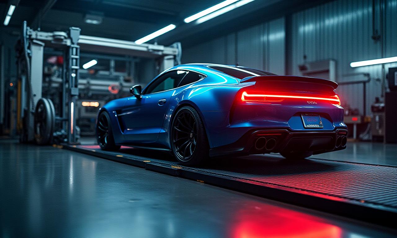 High performance vehicle secured on dyno rolling road with motion blur, indicating speed and power. Capturing the essence of automotive tuning.