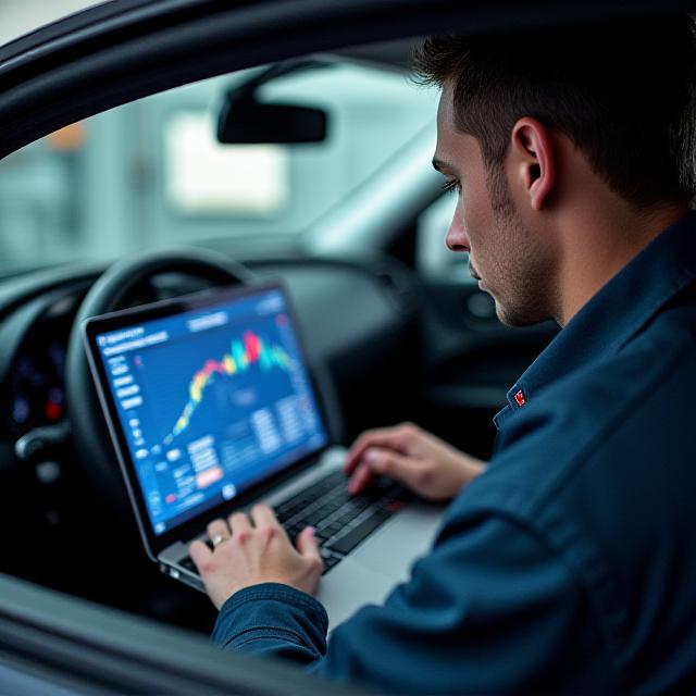 YarraFlow mechanic analyzing engine telemetry data on a laptop inside a performance car, showcasing detailed technical work.