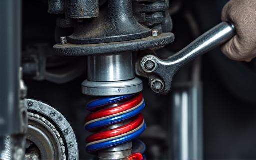 Close-up of a high-performance coilover suspension being adjusted on a vehicle, indicating precision geometry setup.