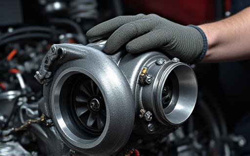 Close-up of a high-performance turbocharger being carefully installed into an engine bay, highlighting forced induction expertise.
