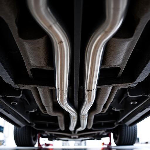 Underbody view of a brilliantly TIG-welded custom stainless exhaust system, emphasizing craftsmanship and clean installation.